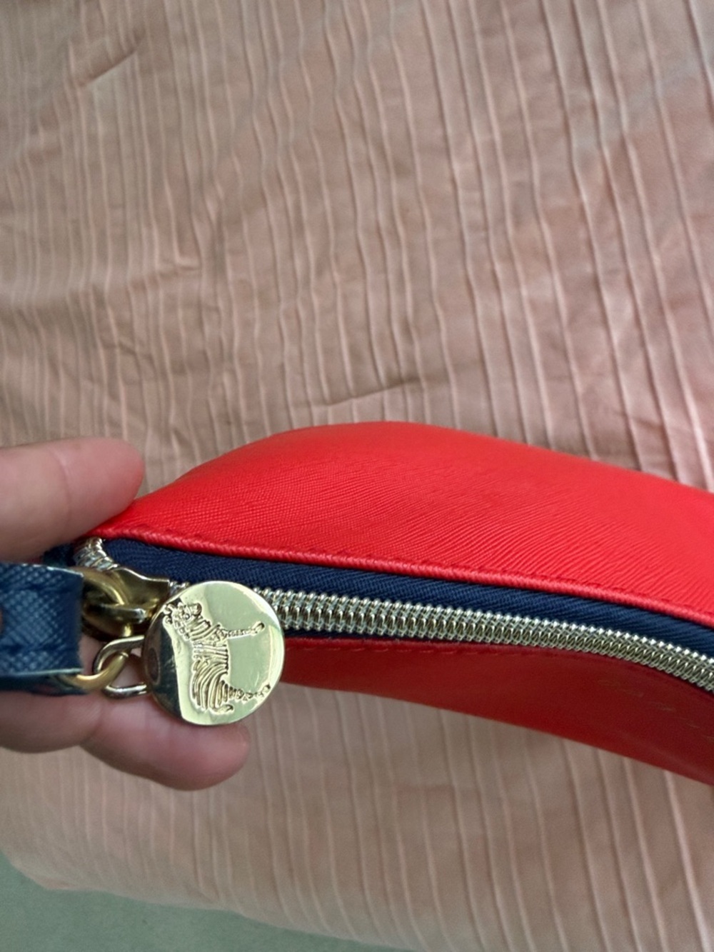 Dabney Lee Red Zip Wristlet with Navy Strap toiletries Travel Bag or Make Up Bag - Picture 4 of 9